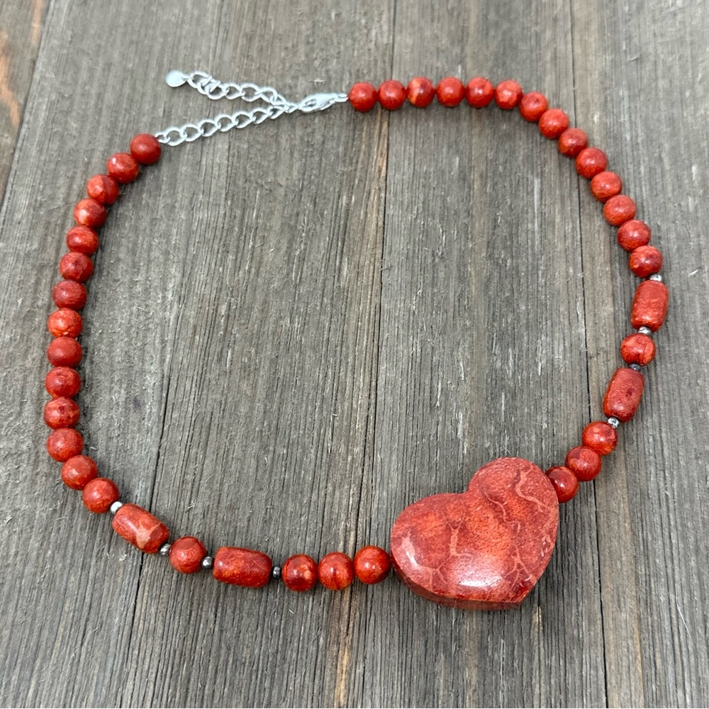 Red Sponge Coral Chunky Heart Beaded 925 Sterling Silver Necklace - Picture 5 of 6